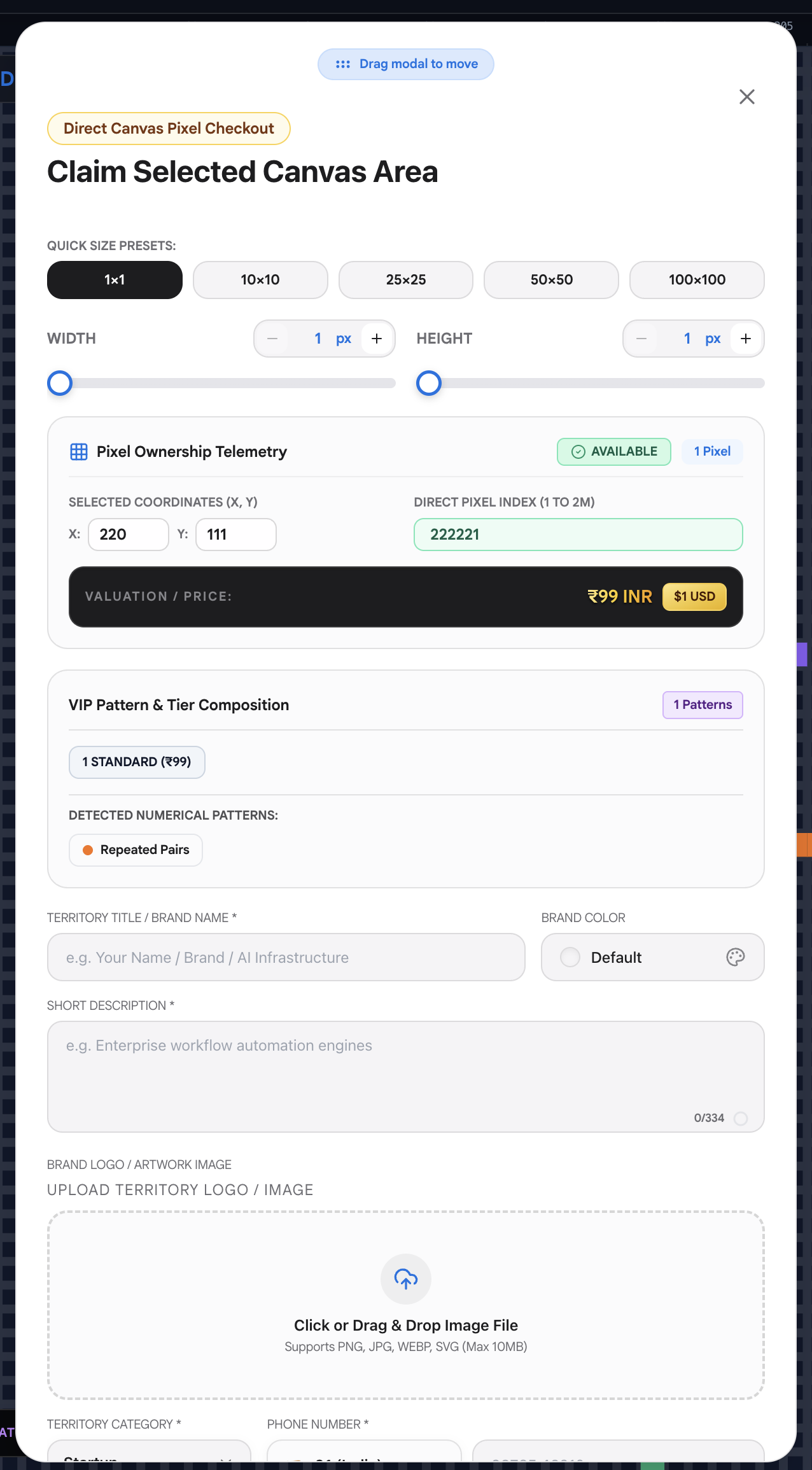 Full Claim Selected Canvas Area modal overview
