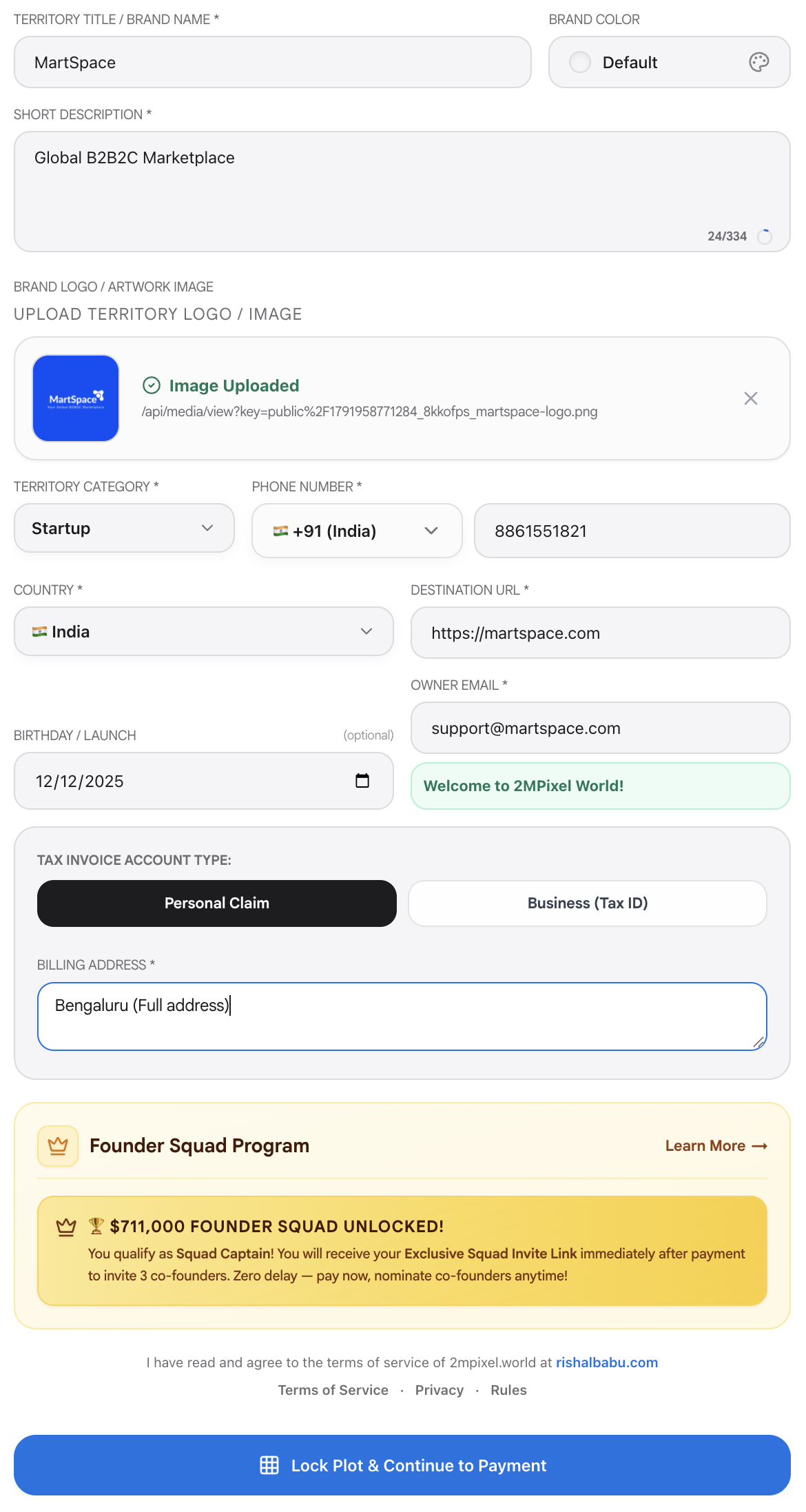 Completed MartSpace territory form with golden $711,000 Founder Squad Unlocked banner